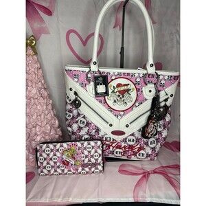 Ed Hardy Love Kills Pink Skull Heart Rhinestone Tote and Wallet